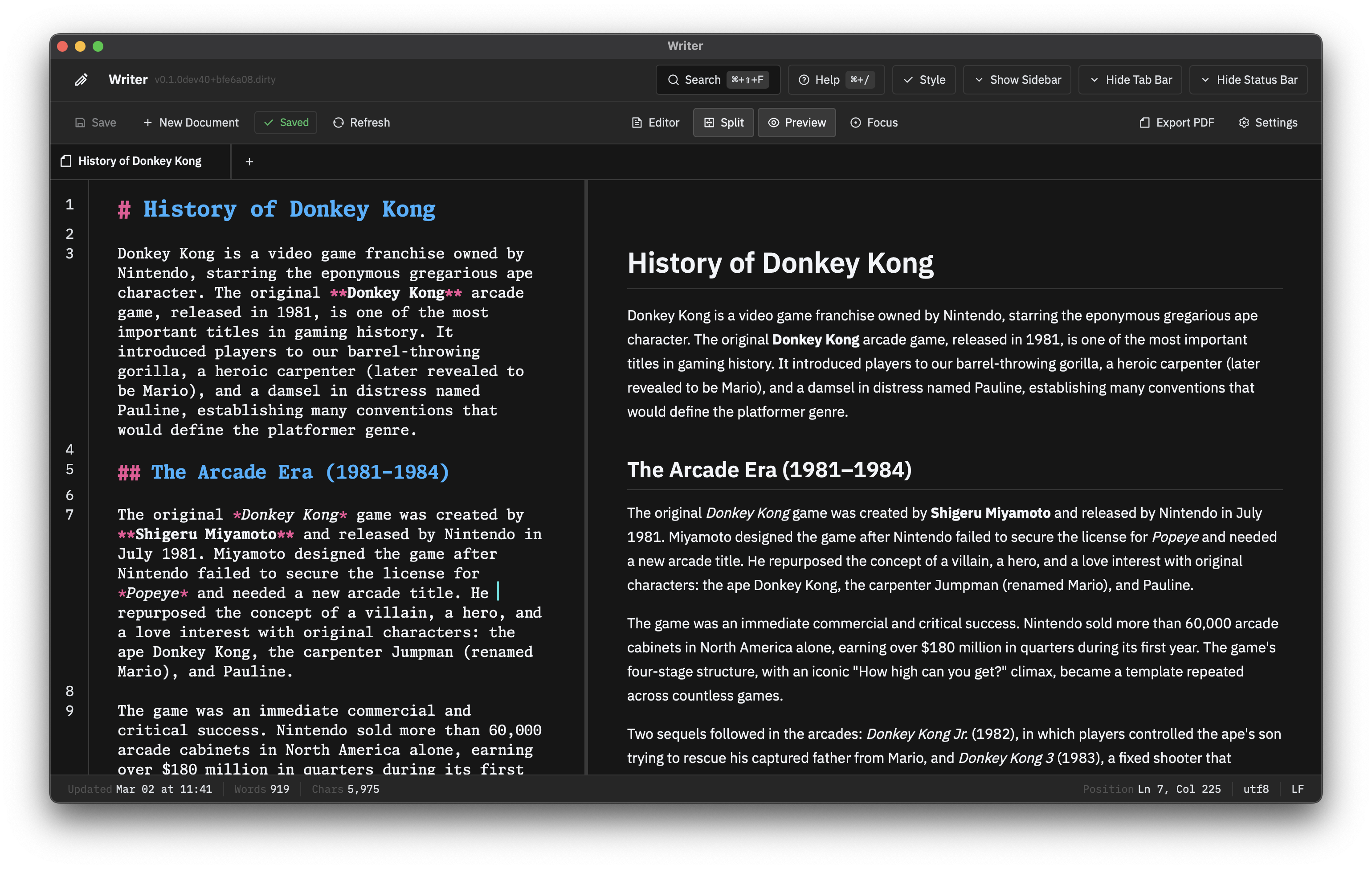 Main editor interface showing split-pane markdown editing