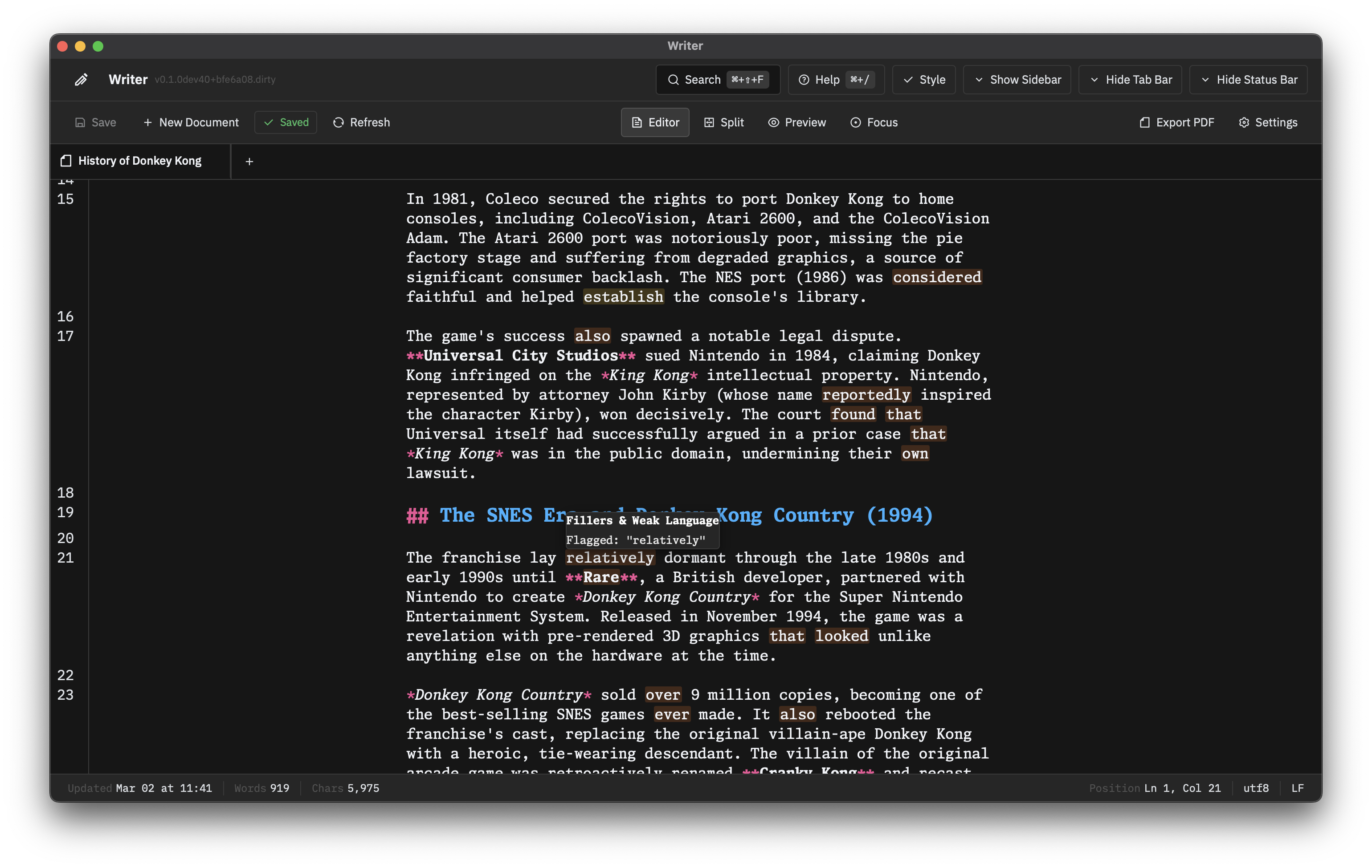 Style check highlighting filler words
